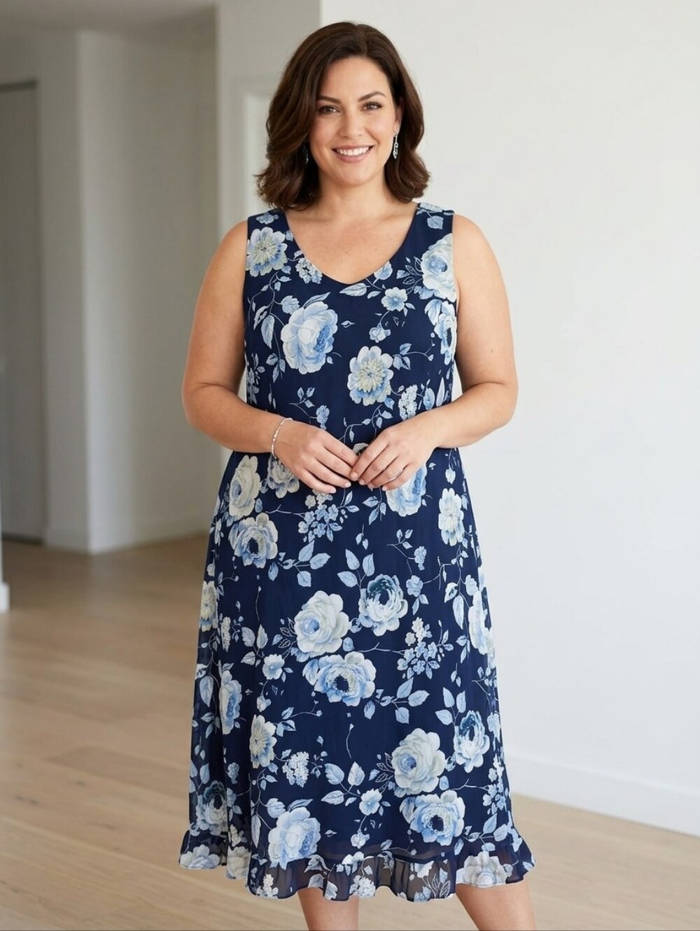 PERIWINKLE Vintage Navy Blue Floral Chiffon Midi Dress 14W